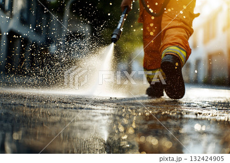 Workers use a pressure washer to clean the driveway of dirt on road city. 132424905