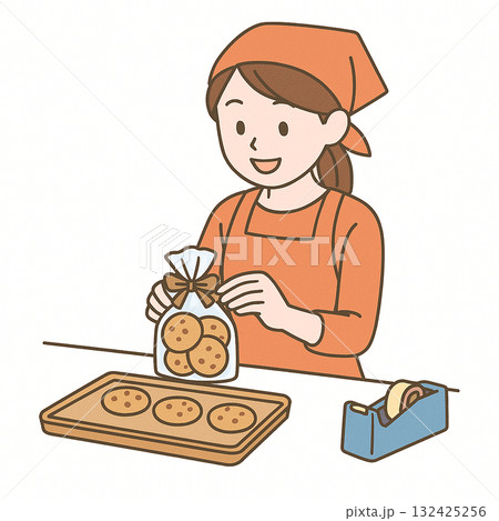 就労支援 お菓子を作りラッピングしている様子のイラスト 就労支援 お菓子を作りラッピングしている様子のイラスト 132425256