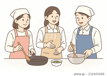 就労支援　調理訓練をしている様子のイラスト 132425260
