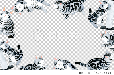 猫（アメリカンショートヘアー）のフレーム　動物・ペットの手描き水彩イラスト背景素材 132425354