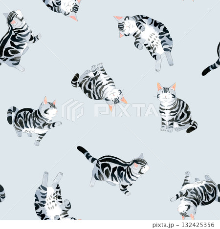 猫（アメリカンショートヘアー）のシームレスパターン　手描き水彩イラスト背景素材 132425356