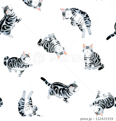 猫(アメリカンショートヘアー)のシームレスパターン 手描き水彩イラスト背景素材 猫(アメリカンショートヘアー)のシームレスパターン 手描き水彩イラスト背景素材 132425359