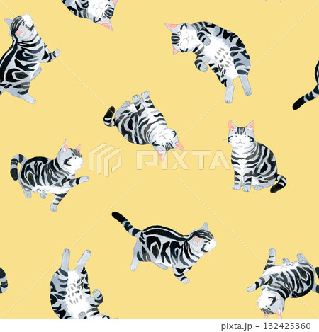 猫（アメリカンショートヘアー）のシームレスパターン　手描き水彩イラスト背景素材 132425360