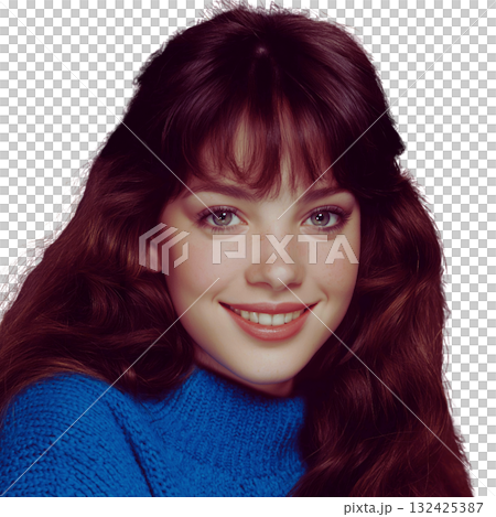 Young woman smiling portrait blue sweater long hair fringe freckles close up studio lighting 132425387