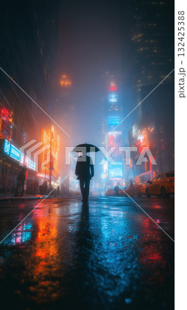 Man with umbrella walking in rainy neon city street at night with reflective wet pavement and taxi lights 132425388