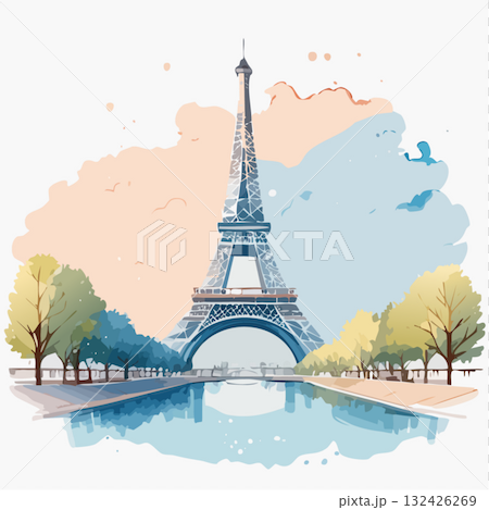 浪漫的水彩風景畫,以柔和的色彩描繪了巴黎的象徵——艾菲爾鐵塔。 浪漫的水彩風景畫,以柔和的色彩描繪了巴黎的象徵——艾菲爾鐵塔。 132426269