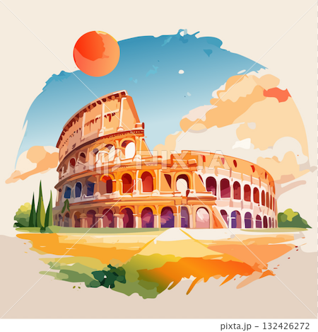 A watercolor-style illustration of the Colosseum in Rome, Italy, painted in orange and blue in warm afternoon light. A watercolor-style illustration of the Colosseum in Rome, Italy, painted in orange and blue in warm afternoon light. 132426272