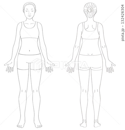 全身の女性線画イラスト(正面+背面セット・色なし) 全身の女性線画イラスト(正面+背面セット・色なし) 132426304