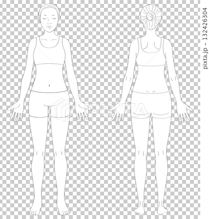 全身の女性線画イラスト(正面+背面セット・色なし) 全身の女性線画イラスト(正面+背面セット・色なし) 132426304
