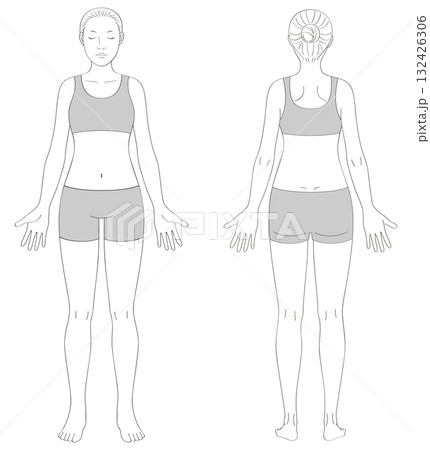 全身の女性線画イラスト(正面+背面セット・服のみグレー) 全身の女性線画イラスト(正面+背面セット・服のみグレー) 132426306
