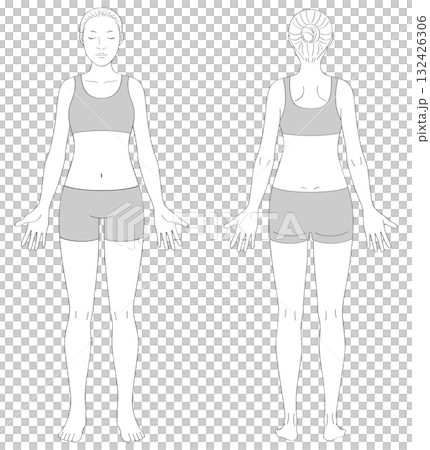 Full-body female line drawing illustration (front + back set, only gray clothing) 132426306