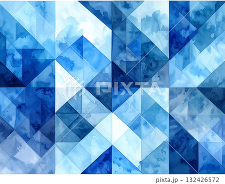 青の濃淡で描かれた水彩テクスチャの継ぎ目のない幾何学的トライアングルパターンの背景 青の濃淡で描かれた水彩テクスチャの継ぎ目のない幾何学的トライアングルパターンの背景 132426572