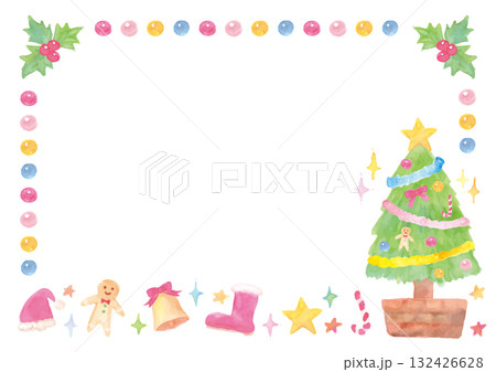 優しい水彩手描きイラストをあしらったクリスマスフレーム-白背景 132426628