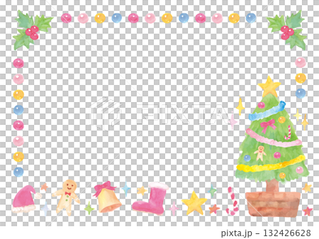 優しい水彩手描きイラストをあしらったクリスマスフレーム-白背景 132426628
