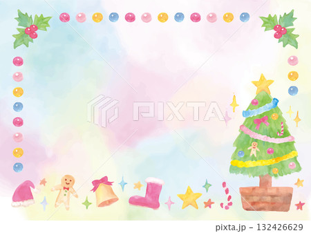 優しい水彩手描きイラストをあしらったクリスマスフレーム-カラフル背景 132426629