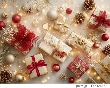 クリスマスプレゼントとオーナメントのフラットレイ / 豪華なホリデーギフトのクローズアップ クリスマスプレゼントとオーナメントのフラットレイ / 豪華なホリデーギフトのクローズアップ 132426632