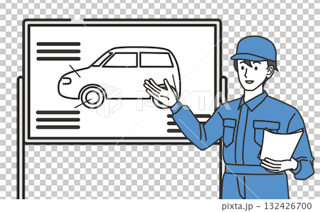 車の点検や修理内容を説明する整備士のイラスト 車の点検や修理内容を説明する整備士のイラスト 132426700