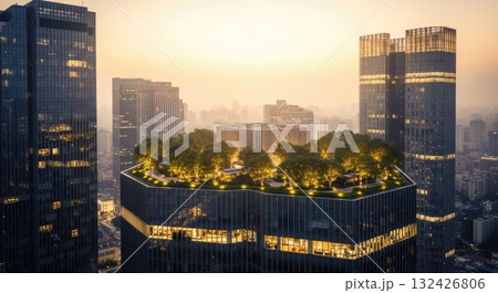 都市高層ビル群の屋上に設置された植物テラスと夕暮れのドローン視点空撮 132426806