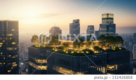 都市高層ビル群の屋上に設置された植物テラスと夕暮れのドローン視点空撮 132426808