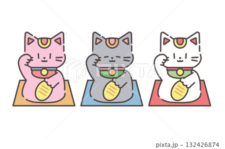金運を招く右手の招き猫イラストセット Lucky Maneki Neko with Coin set 132426874