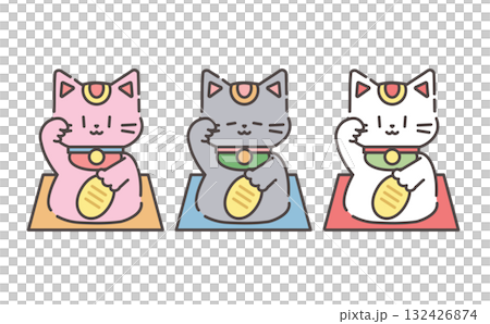 金運を招く右手の招き猫イラストセット Lucky Maneki Neko with Coin set 132426874
