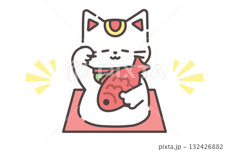 鯛を持ったかわいい招き猫イラスト Lucky Cat Maneki Neko with Red 132426882