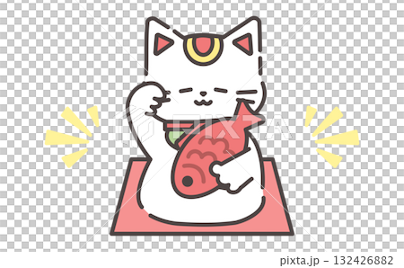 鯛を持ったかわいい招き猫イラスト Lucky Cat Maneki Neko with Red 132426882
