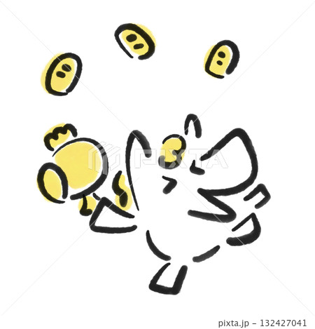 打ち出の小槌を振る笑顔の白馬と小判　正月素材　墨絵 132427041