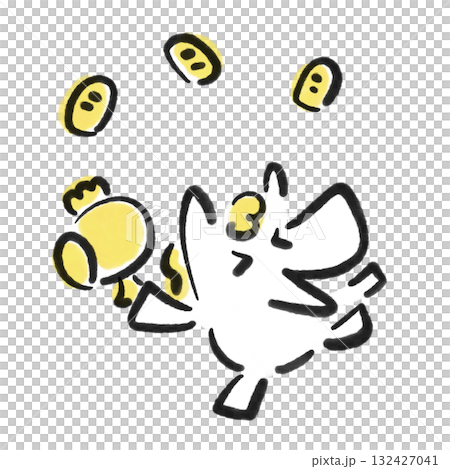 打ち出の小槌を振る笑顔の白馬と小判　正月素材　墨絵 132427041