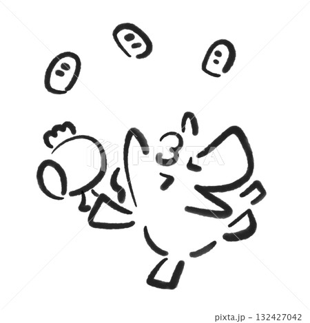 打ち出の小槌を振る笑顔の馬と小判　正月素材　墨絵　モノクロ 132427042