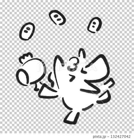 打ち出の小槌を振る笑顔の馬と小判　正月素材　墨絵　モノクロ 132427042