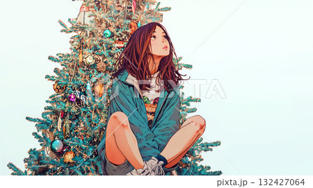 クリスマスツリーと女性 クリスマスツリーと女性 132427064