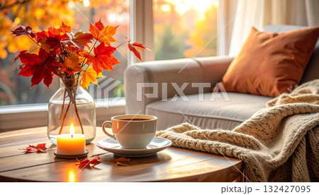 紅葉のカフェタイム　紅葉とコーヒー、ブランケット 132427095