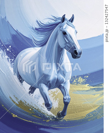 青と金の躍動する馬｜力強さと自由を描くアートイラスト（午年） 132427547