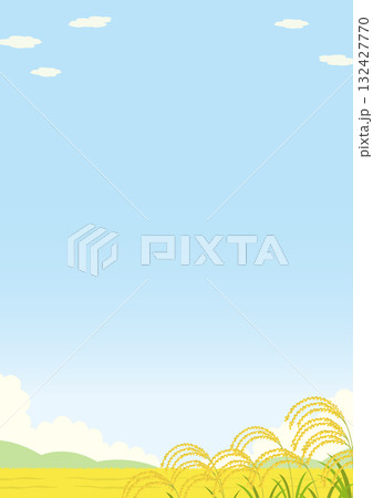 山や田んぼに実った稲穂の自然の縦型の風景イラスト 132427770