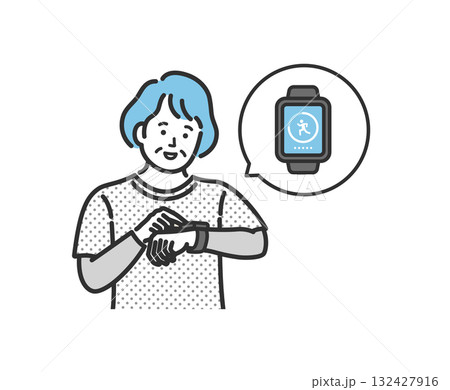 スマートウォッチで万歩計アプリを確認するシニア女性 132427916