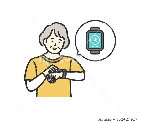 スマートウォッチで万歩計アプリを確認するシニア女性 132427917