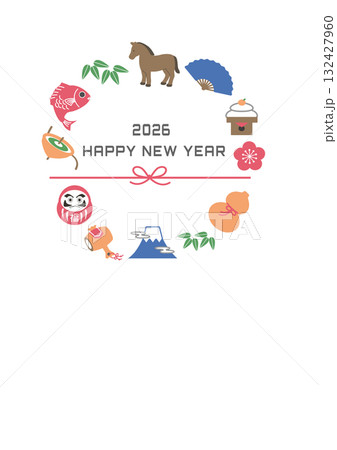 年賀状2026 ウマと縁起物のイラスト 2026年 年賀状,イラスト,馬,干支,正月,縁起物, 和 年賀状2026 ウマと縁起物のイラスト 2026年 年賀状,イラスト,馬,干支,正月,縁起物, 和 132427960