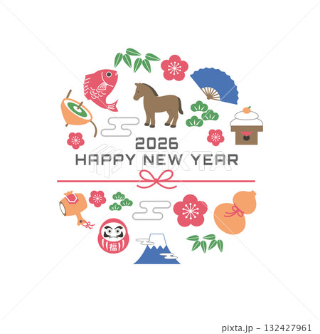 年賀状2026 　ウマと縁起物のイラスト　2026年 年賀状,イラスト,馬,干支,正月,縁起物, 和 132427961