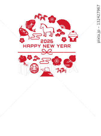 年賀状2026 ウマと縁起物のイラスト 2026年 年賀状,イラスト,馬,干支,正月,縁起物, 和 年賀状2026 ウマと縁起物のイラスト 2026年 年賀状,イラスト,馬,干支,正月,縁起物, 和 132427967