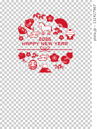 2026 年新年賀卡 - 馬和吉祥護身符插圖 2026 年新年賀卡、插圖、馬、十二生肖、新年、吉祥護身符、日語 132427967
