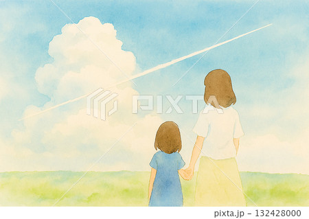 夏空＋入道雲＋母娘（水彩・横位置） 132428000