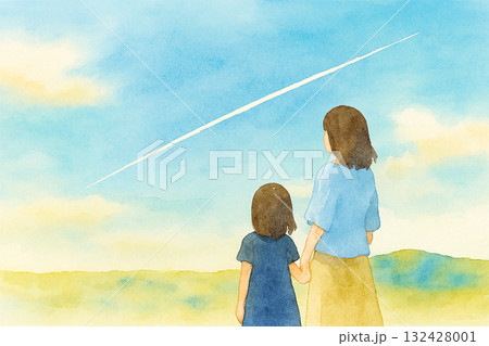 母娘の後ろ姿(空を見上げる・水彩・横位置) 母娘の後ろ姿(空を見上げる・水彩・横位置) 132428001