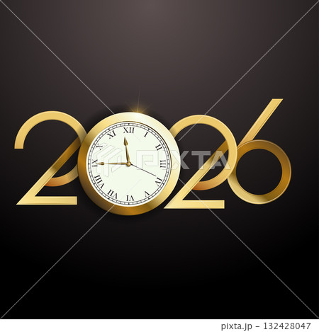 Elegant New Year 2026 logo with classic clock and 3D golden typography. Vector Elegant New Year 2026 logo with classic clock and 3D golden typography. Vector 132428047