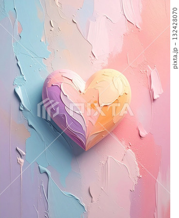 絵筆のタッチで描かれたパステル調の油絵風ハートとテクスチャバレンタイン背景 132428070