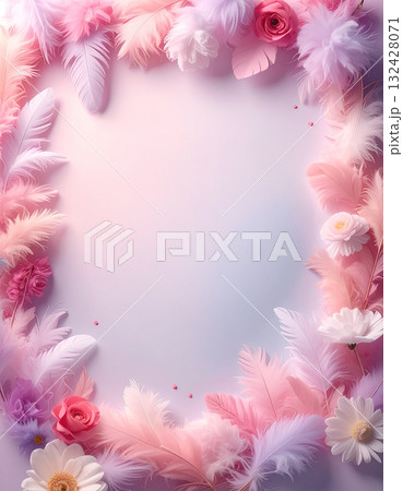 柔らかな羽毛と花々に囲まれたピンクとパステルカラーの愛らしいフレーム 132428071