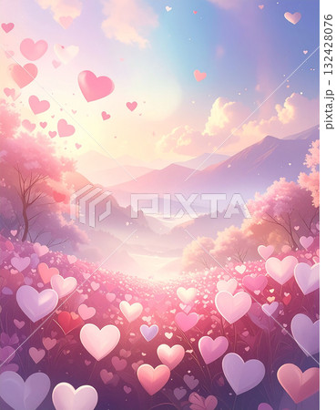 ピンク色のハートが咲き乱れる夢のようにロマンチックな丘の風景 132428076