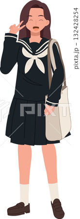 a japanese high school girl wearing navy seifuku uniform poses with a peace sign and shoulder bag 132428254