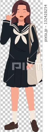 a japanese high school girl wearing navy seifuku uniform poses with a peace sign and shoulder bag 132428254