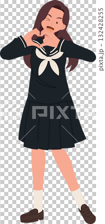 cute japanese student in ssailor uniform making hand heart gesture. kawaii japanese student 132428255
